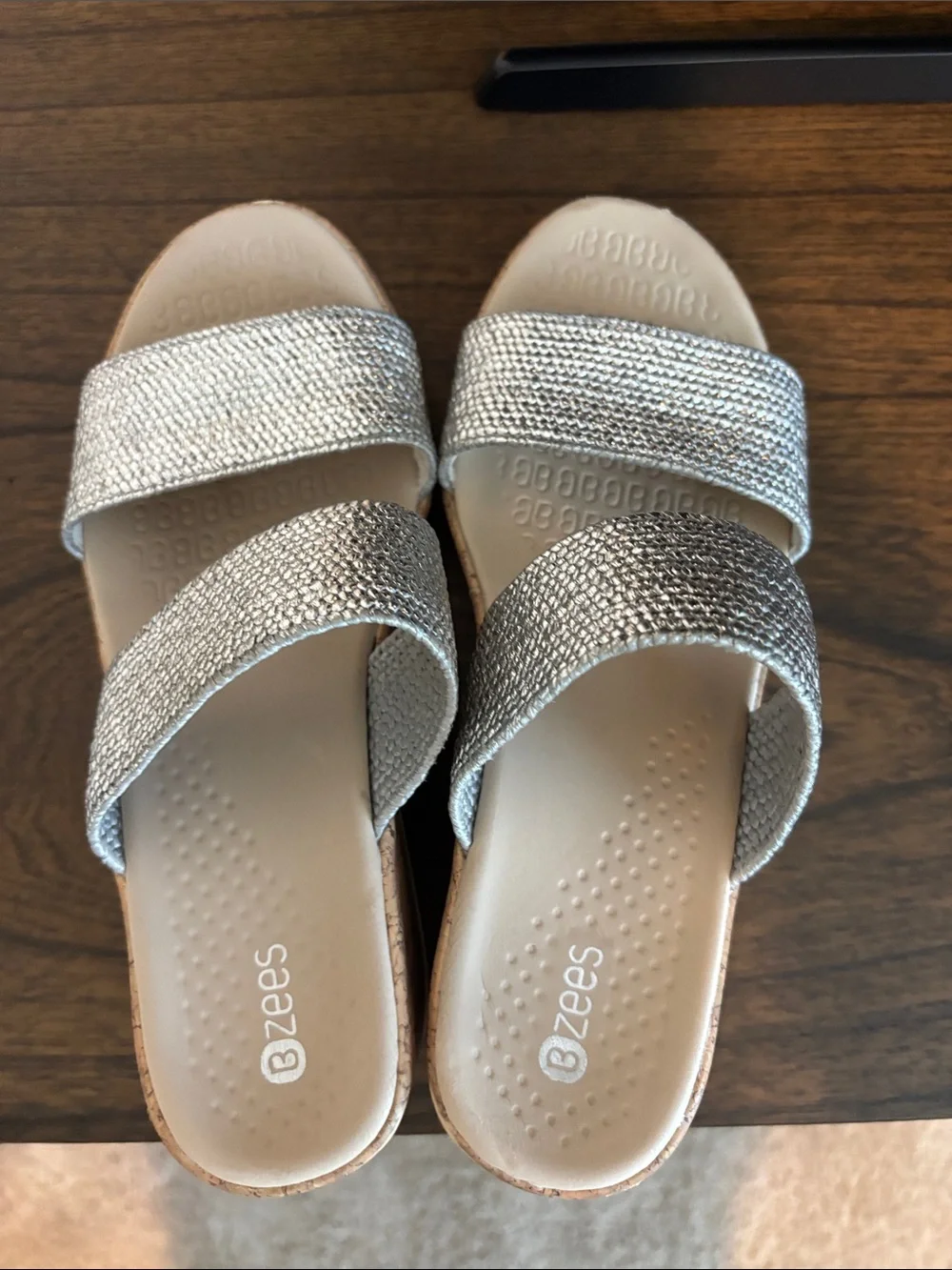 Bzees Silver Dual-Strap Slide Sandals